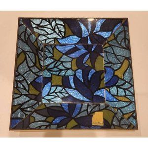 MCM Vintage Signed Georges Briard Blue Green Glass Guild Square Mosaic Tray